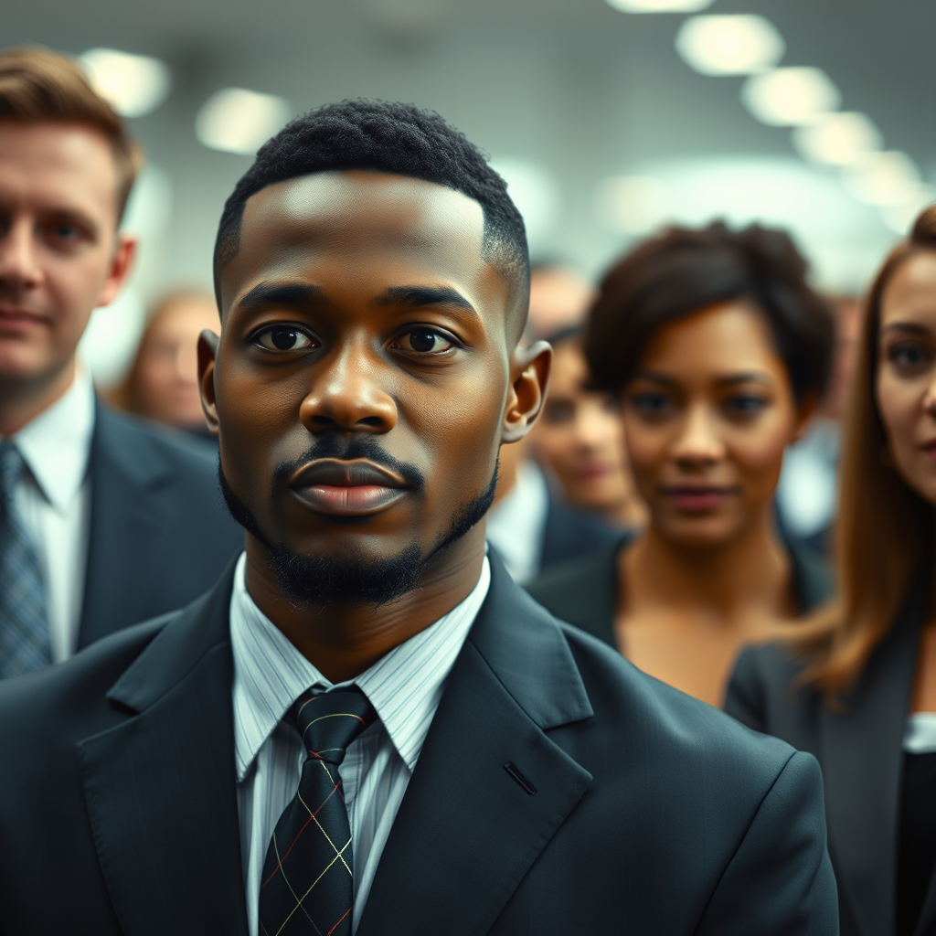 professional group photo including a Black man with a classic short Wall Street haircut, among a mix of business professionals in a business setting